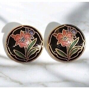 Vintage Dainty Orchid Flower Cloisonne Enamel Round  Gold Tone Clip Earrings